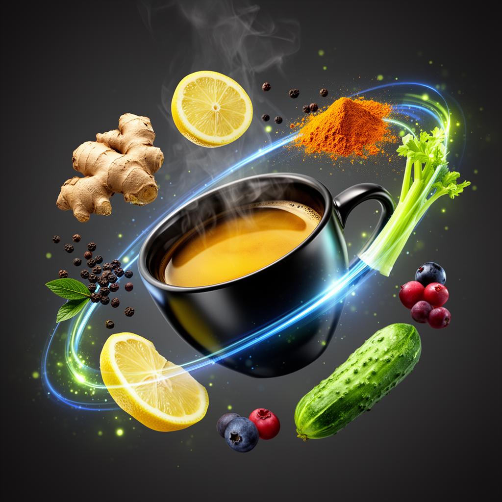 Xícara de café Metabolik Reset com gengibre, cúrcuma, limão e ingredientes detox em composição energética