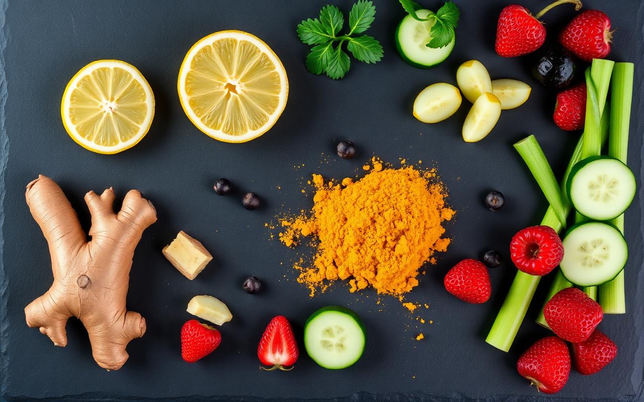 Ingredientes do protocolo Metabolik Reset: café, MCT, gengibre, pimenta preta, limão, cúrcuma, pepino, aipo e frutas